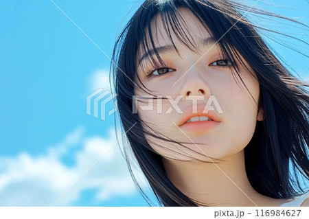 青空のもとで撮影する美しい黒髪女性・スキンケア「AI生成画像」 116984627