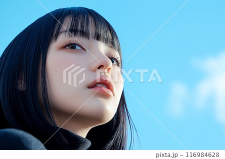 青空のもとで撮影する美しい黒髪女性・スキンケア「AI生成画像」 116984628