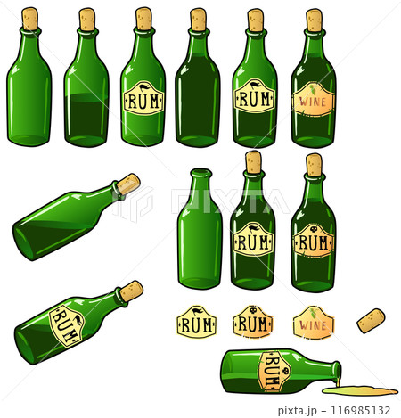 the bottles are green empty with wine and rum. bottles are open and corked with a cork. On the label there is an inscription rum and wine. standing and lying bottles. liquid or alcohol leaks out of the bottles are green empty with wine and rum. bottles are open and corked with a cork. On the label there is an inscription rum and wine. standing and lying bottles. liquid or alcohol leaks out of 116985132