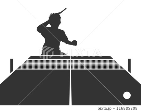 ラケットを振る、男性卓球選手と卓球台のシルエットイラスト 116985209