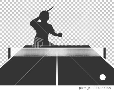 ラケットを振る、男性卓球選手と卓球台のシルエットイラスト 116985209