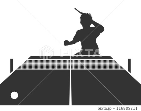 ラケットを振る、男性卓球選手(左利き)と卓球台のシルエットイラスト ラケットを振る、男性卓球選手(左利き)と卓球台のシルエットイラスト 116985211