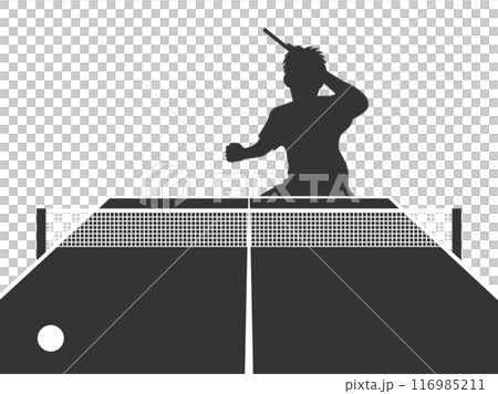 ラケットを振る、男性卓球選手(左利き)と卓球台のシルエットイラスト ラケットを振る、男性卓球選手(左利き)と卓球台のシルエットイラスト 116985211