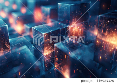 Background of many blue cubes lit up with a blue and orange glow, giving the impression of a futuristic city. Concept of technology and innovation Background of many blue cubes lit up with a blue and orange glow, giving the impression of a futuristic city. Concept of technology and innovation 116985320