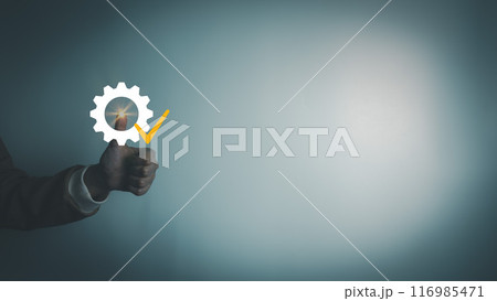 Quality assurance by businesswoman showing the symbol of top service, excellent warranty, world standard, ISO certification, development and improve the quality of the organization concept 116985471