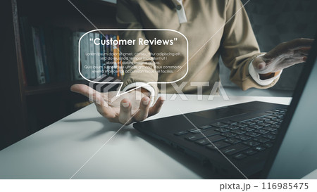 Satisfaction concept of customer, express their opinions, answers and satisfied scores, client is satisfied with pressing 5 stars icon, excellent service, good feedback from user 116985475
