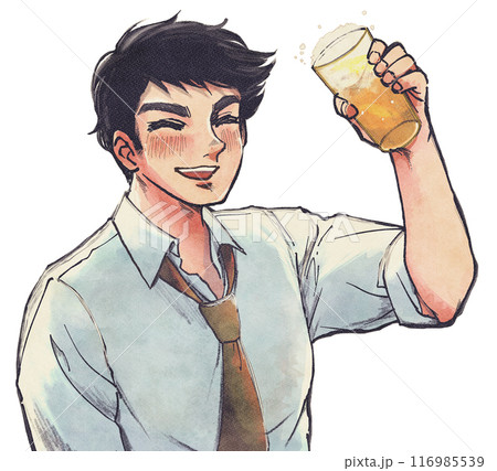 レトロ風・笑顔で乾杯するビール好きの会社員のバストアップイラスト 116985539