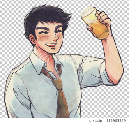 Retro style bust-up illustration of a beer-loving office worker toasting with a smile 116985539