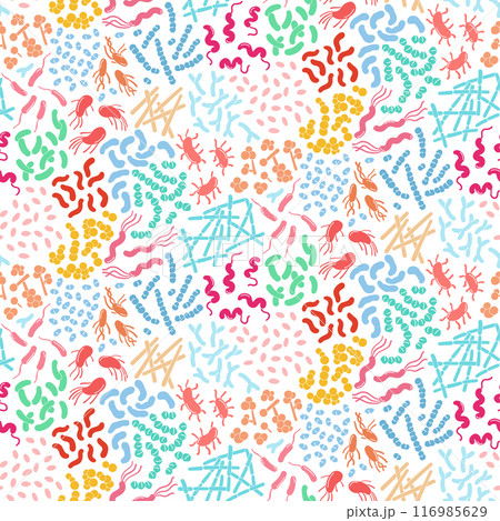Vibrant vector illustration of various microorganisms, including beneficial bacteria and probiotics. 116985629