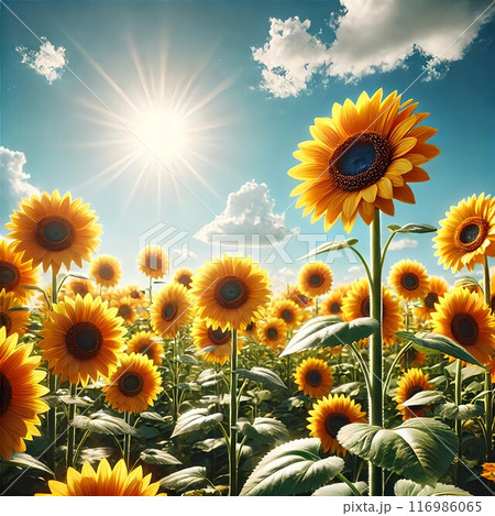 太陽に向かって咲く夏のひまわり 116986065