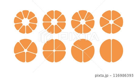 Circle division infographic icon set. Pie chart divided 7, 8,9 equal parts. Pizza or flower round diagram. Infographic wheel segment and fraction. Vector illustration isolated on white background 116986393