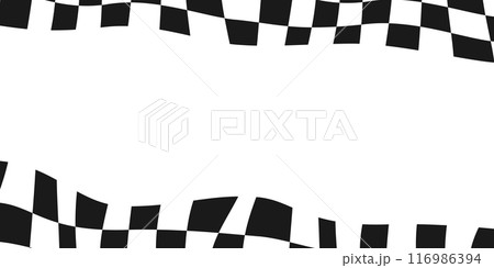 Race checker flag background. Finish check rally background. Wavy psychedelic chessboard pattern. Hippie twisted gingham checkerboard frame. Vector illustration isolated on white background Race checker flag background. Finish check rally background. Wavy psychedelic chessboard pattern. Hippie twisted gingham checkerboard frame. Vector illustration isolated on white background 116986394