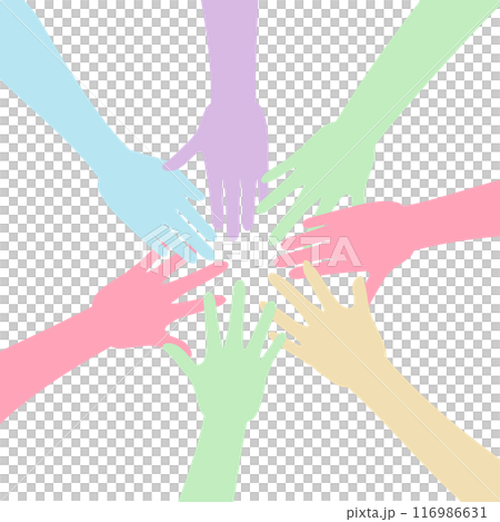 Illustration of people forming a circle and putting their hands together to cooperate Illustration of people forming a circle and putting their hands together to cooperate 116986631