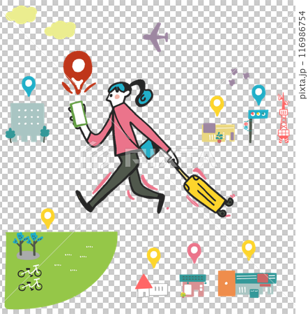 A woman walking through town while looking at a map app on her smartphone - Stock illustration set 116986754
