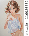 ショートヘアの可愛い女の子が、パステルカラーのランジェリーを着てリラックスしたポーズで微笑んでいるイ 116986852