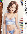 ショートヘアの可愛い女の子が、パステルカラーのランジェリーを着てリラックスしたポーズで微笑んでいるイ 116986858