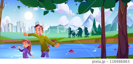 Scared children in river water near wild wolves. Scared children in river water near wild wolves. 116986863