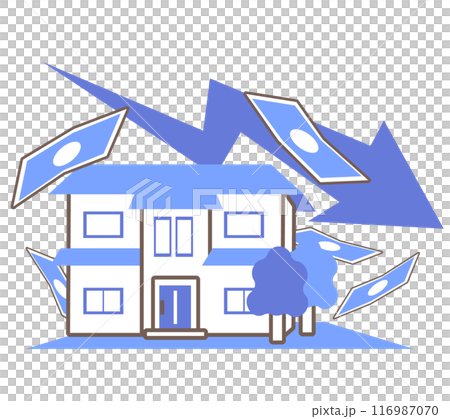Illustration of real estate values falling and money decreasing 116987070