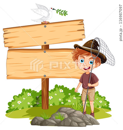 Boy with Net and Signboard 116987097