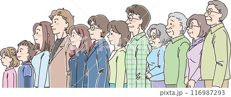 色々な年代の人物_横向き_普通の表情_12人一列並び 116987293