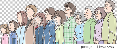 色々な年代の人物_横向き_普通の表情_12人一列並び 116987293