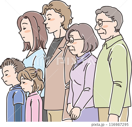 色々な年代の人物_横向き_目を閉じてうつむく_3世代6人家族_小学生_両親_祖父母 116987295