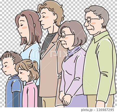 色々な年代の人物_横向き_目を閉じてうつむく_3世代6人家族_小学生_両親_祖父母 116987295