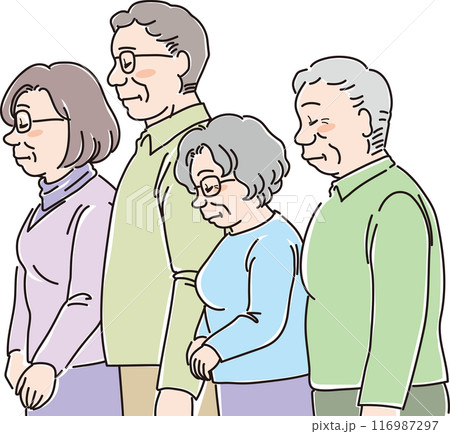 色々な年代の人物_横向き_目を閉じてうつむく_4人家族_高齢者4人_60代_70代_80代 色々な年代の人物_横向き_目を閉じてうつむく_4人家族_高齢者4人_60代_70代_80代 116987297