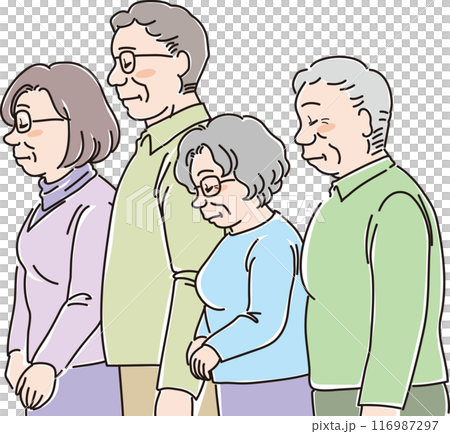 色々な年代の人物_横向き_目を閉じてうつむく_4人家族_高齢者4人_60代_70代_80代 色々な年代の人物_横向き_目を閉じてうつむく_4人家族_高齢者4人_60代_70代_80代 116987297