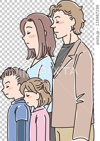 People of various ages_sideways_closed eyes and looking down_four-person family_elementary school students_parents 116987298