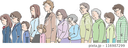 色々な年代の人物_横向き_目を閉じてうつむく_12人一列並び 116987299