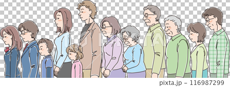 色々な年代の人物_横向き_目を閉じてうつむく_12人一列並び 116987299