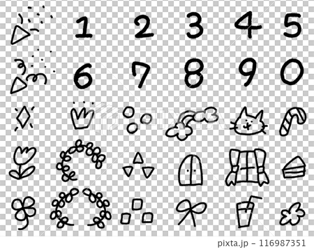 A girly icon set of hand-drawn numbers, laurels, crackers, flowers and crowns A girly icon set of hand-drawn numbers, laurels, crackers, flowers and crowns 116987351