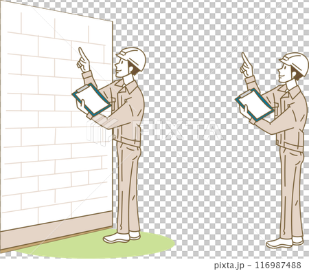 Construction worker/person checking exterior wall Construction worker/person checking exterior wall 116987488