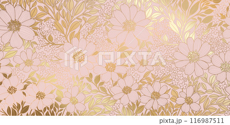 Golden Metallic Foiled Contour Flowers and Leaves on Powder Pink Background. Luxurious Art Deco Wallpaper Design for Print, Poster, Cover, Banner, Invitation, Package, Beauty Products. Golden Metallic Foiled Contour Flowers and Leaves on Powder Pink Background. Luxurious Art Deco Wallpaper Design for Print, Poster, Cover, Banner, Invitation, Package, Beauty Products. 116987511