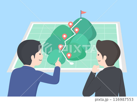 目標達成までのルートを計画している2人のスーツの男性 116987553