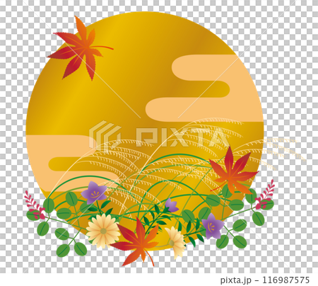 満月とうさぎとススキと秋草　中秋の名月　お月見をするうさぎ 116987575