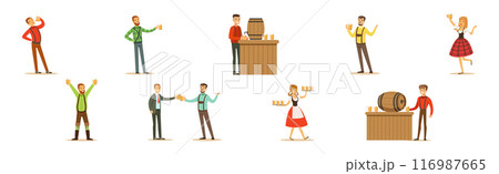 Man Character with Beer Relaxing at Pub or Bar and Woman Waitresses Vector Set 116987665