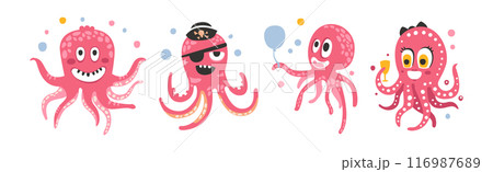 Funny Pink Octopus Character with Tentacles and Smiling Face Vector Set 116987689