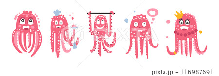 Funny Pink Octopus Character with Tentacles and Smiling Face Vector Set Funny Pink Octopus Character with Tentacles and Smiling Face Vector Set 116987691