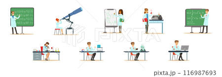 Man and Woman Scientist Character in Laboratory Do Research Vector Set 116987693