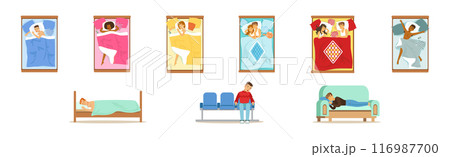 People Character Sleeping at Home in Their Bed Vector Set People Character Sleeping at Home in Their Bed Vector Set 116987700