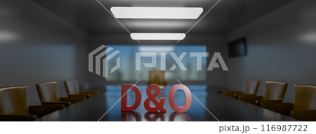 D and O. Directors and officers liability Insurance concept. Director's office with a large table and skyscrapers outside the window. 3d rendering D and O. Directors and officers liability Insurance concept. Director's office with a large table and skyscrapers outside the window. 3d rendering 116987722