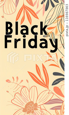 Vertical poster in floral art nouveau style, intertwined flowers and leaves on soft yellow background, Black Friday sales promotion Vertical poster in floral art nouveau style, intertwined flowers and leaves on soft yellow background, Black Friday sales promotion 116987863