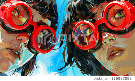 Expressive anime portrait of two teenage girls wearing red glasses looking at camera, close-up, Children's Day poster 116987898