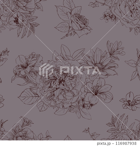 Hand drawn pencil graphic illustration seamless pattern of vintage flowers Hand drawn pencil graphic illustration seamless pattern of vintage flowers 116987938