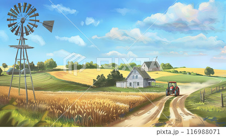 Nostalgic view of an old farm, a dirt road through sun-drenched wheat fields and leading to a farmhouse, a tractor is driving along the road, concept of the importance of agriculture Nostalgic view of an old farm, a dirt road through sun-drenched wheat fields and leading to a farmhouse, a tractor is driving along the road, concept of the importance of agriculture 116988071