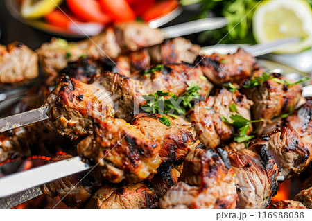 Shish kebab close-up, a dish cooked on coals from pieces of meat and strung on skewers 116988088