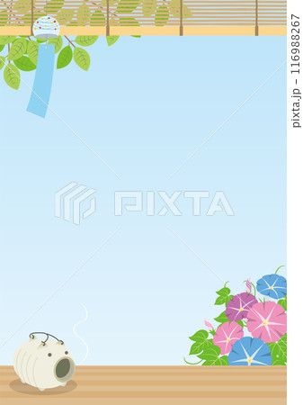 夏をイメージした風鈴と朝顔と蚊取り線香の背景_縦 116988267