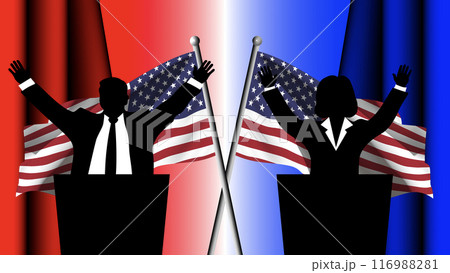 Two American political candidates, a Democrat and a Republican, together in a public debate 116988281